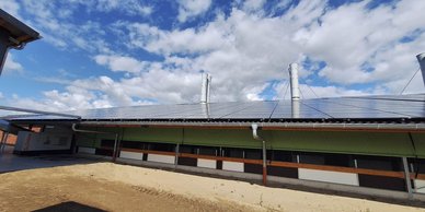 Die Dachfläche eines Gebäudes ist mit Solarpanelen bedeckt, während im Hintergrund ein klarer Himmel sichtbar ist.